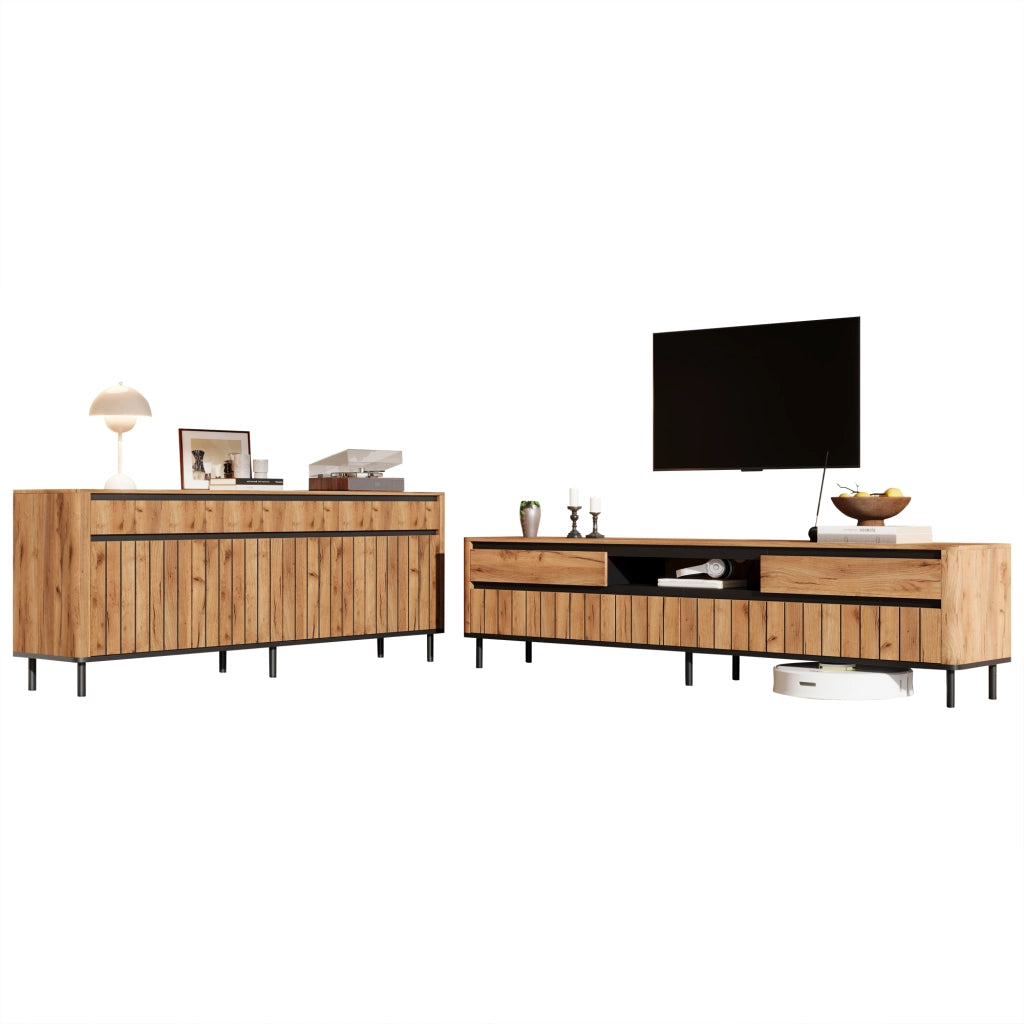 Set soggiorno con credenza 160 x 40 x 73 cm e mobile TV 180 x 40 x 52 cm, finitura naturale con dettagli neri