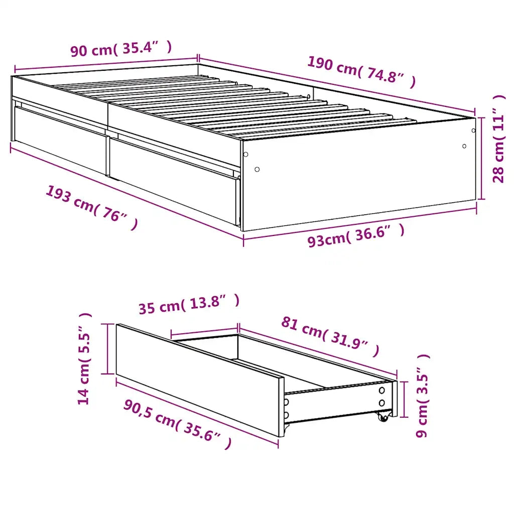 Giroletto Cassetti Grigio Sonoma 90x190 cm Legno Multistrato