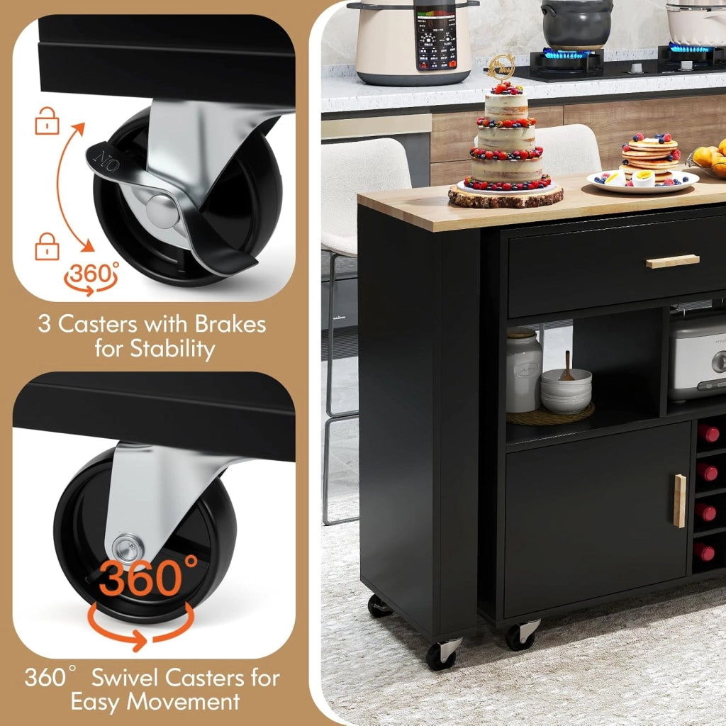 Carrello da cucina 2 in 1 con forma convertibile, isola di cucina, con ruote e spazio di archiviazione, cassetto, portabottiglie e ripiano regolabile, mobile per sala da pranzo (nero)