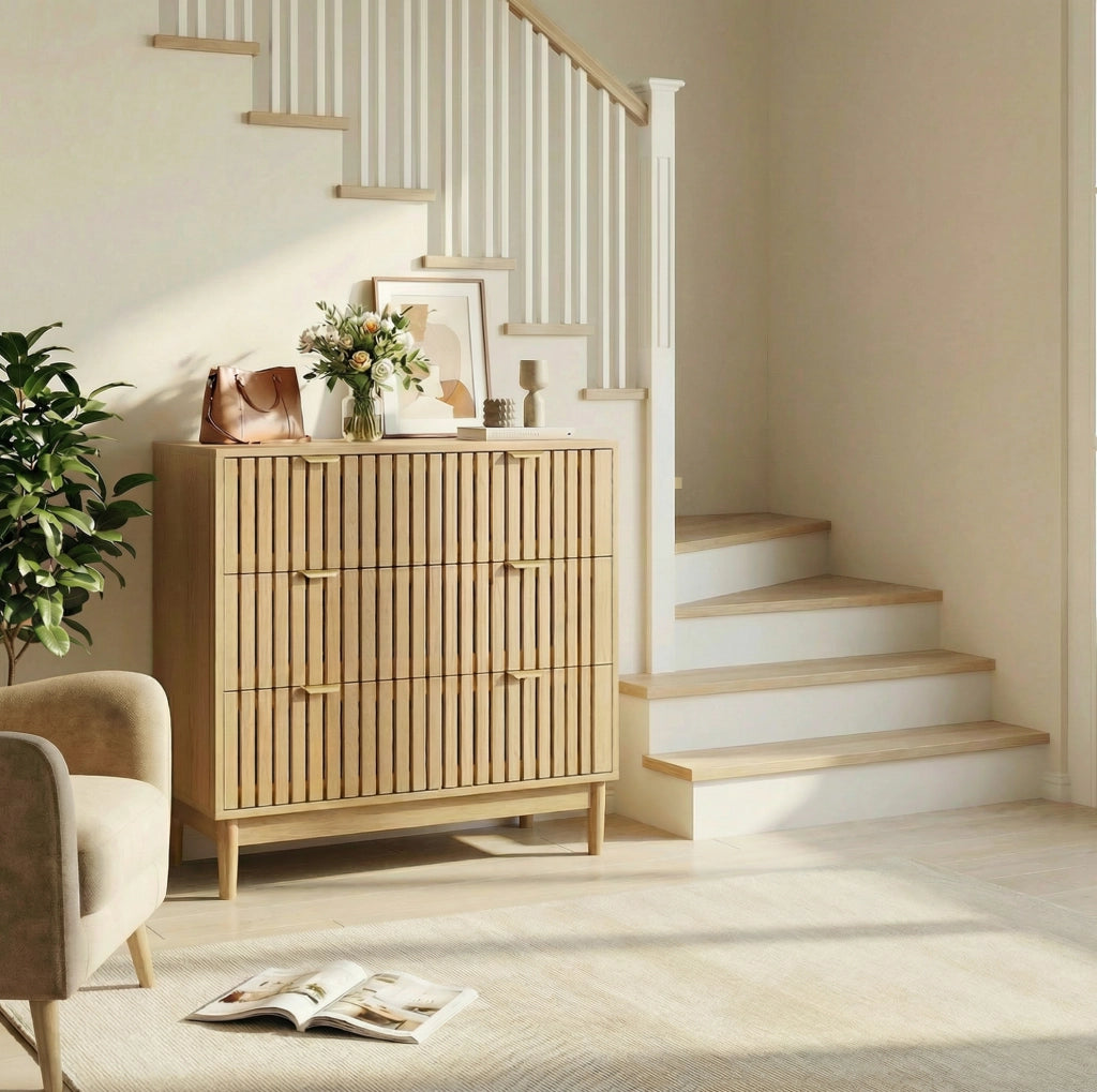 Cassettiera moderna a 3 cassetti in MDF e truciolare; 80 x 39 x 80 cm; colore rovere