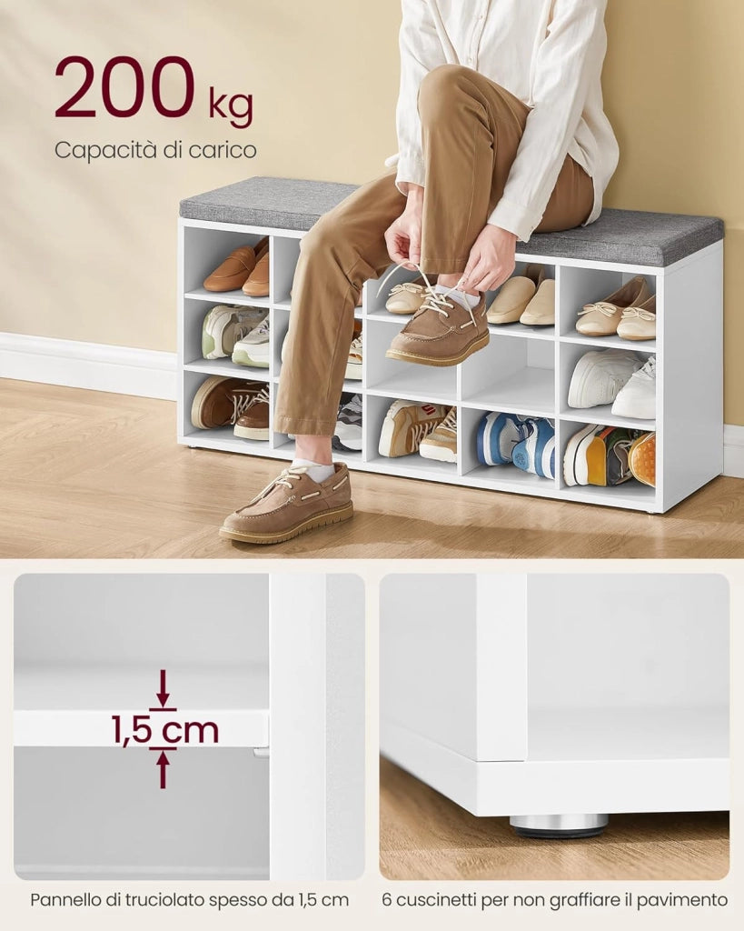 VASAGLE Panca Scarpiera, Scarpiera Ingresso con Seduta Imbottita e 15 Scomparti, Scaffale Porta Scarpe da Ingresso, 30 x 105 x 48 cm, Bianco e Grigio LHS15WT