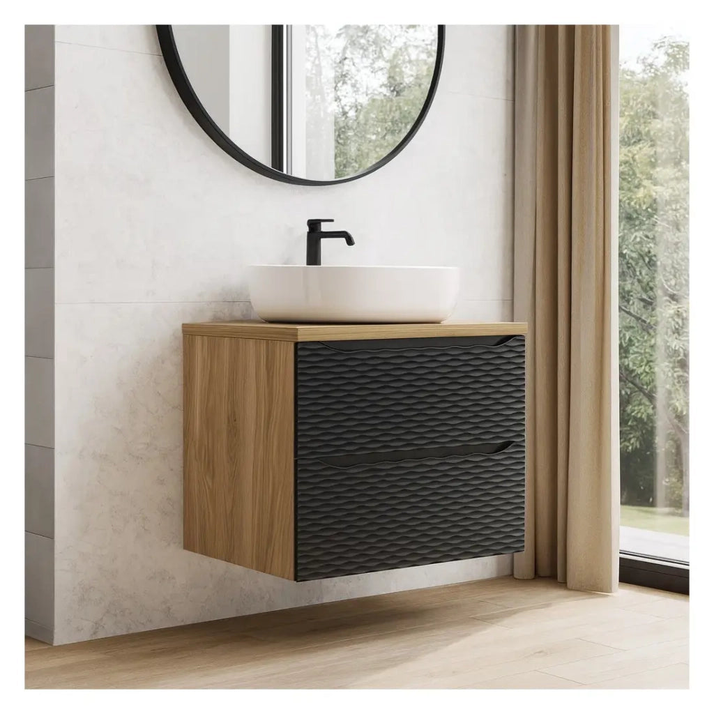 Set da bagno YOKA nero: mobiletto sotto lavabo con cassetti 60cm + piano per lavabo + lavabo da appoggio