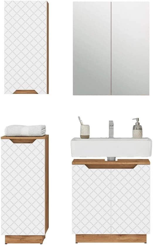 Set di mobili da bagno Lotta, Bianco, 59.8 cm, composto da mobile sottolavabo, specchiera, armadio medio e pensile