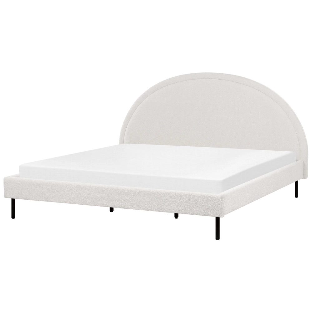 Letto matrimoniale in poliestere bouclè bianco imbottito con base a doghe e testiera rotonda 180 x 200 cm minimalista retrò