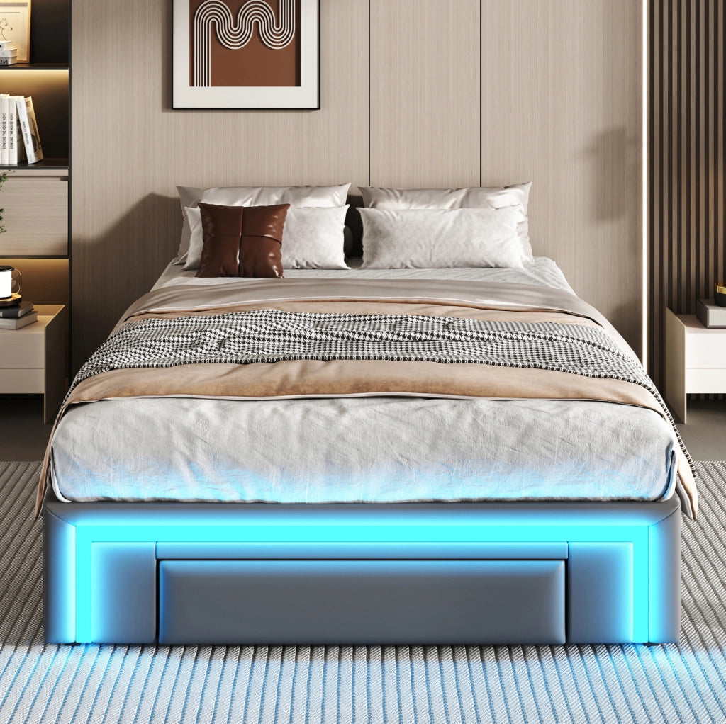 Letto 90x200 cm grigio in PU con cassetti, rete in metallo e LED RGB