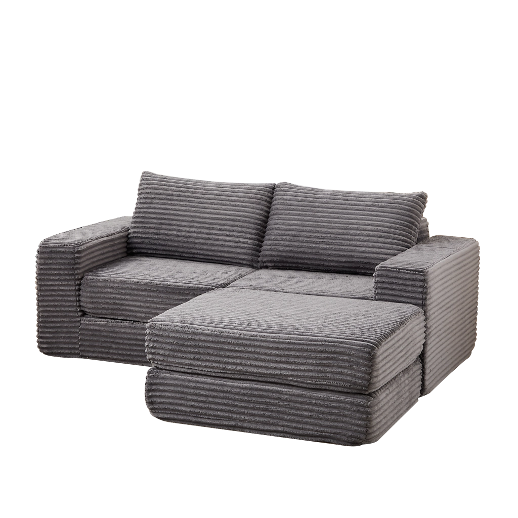 Divano letto modulare in corduroy con pouf removibile, braccioli quadrati e configurazione flessibile, grigio