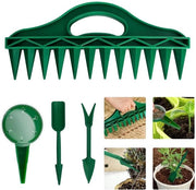 Set di 4 macchine per giardinaggio + distributore di semi con forchetta per piante e asta per piante – Aiuto multifunzionale per seminare, smuovere il terreno, verdure/fiori (distributore di semi, attrezzo per giardinaggio)