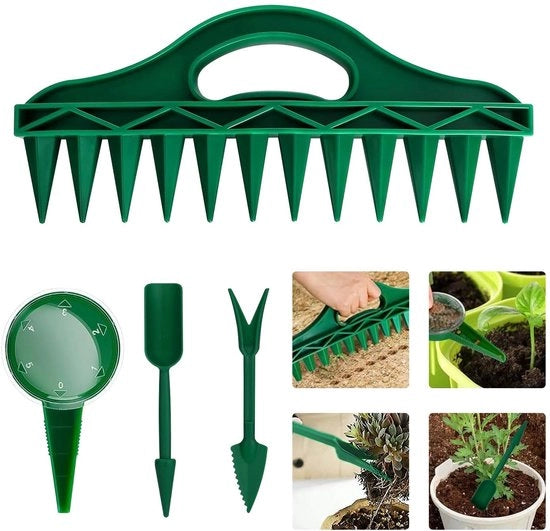 Set di 4 macchine per giardinaggio + distributore di semi con forchetta per piante e asta per piante – Aiuto multifunzionale per seminare, smuovere il terreno, verdure/fiori (distributore di semi, attrezzo per giardinaggio)