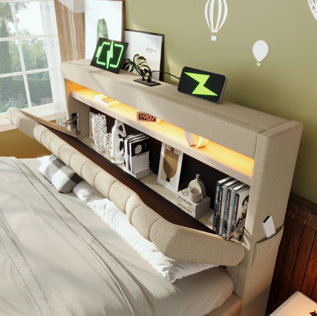 Letto matrimoniale 180x200 cm in lino beige con LED; testiera con USB e vano contenitore
