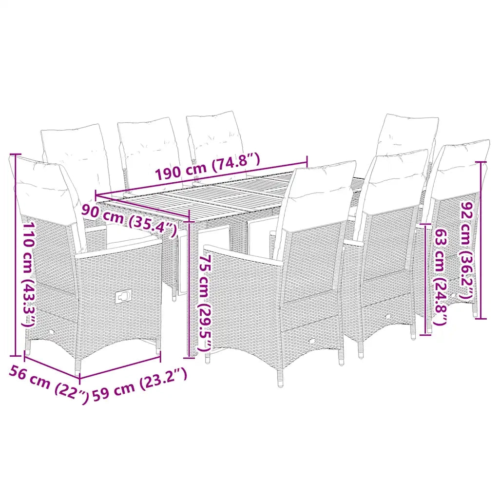 Set Bistrò da Giardino 9 pz con Cuscini in Polyrattan Grigio 3276972
