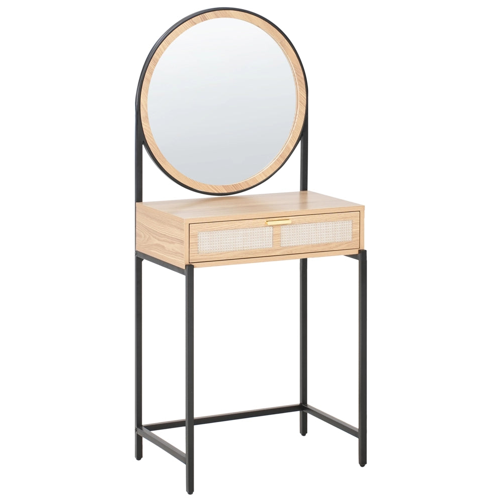 Tavolino toeletta con specchio e cassetto in marrone chiaro e nero con sgabello e specchio camera da letto soggiorno