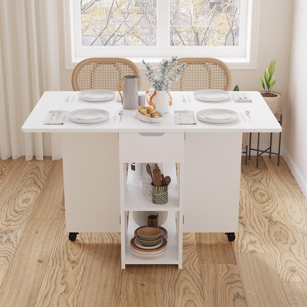 Tavolo Pieghevole Salvaspazio Anta a Ribalta 120x77x75 cm con Ruote in Legno Bianco