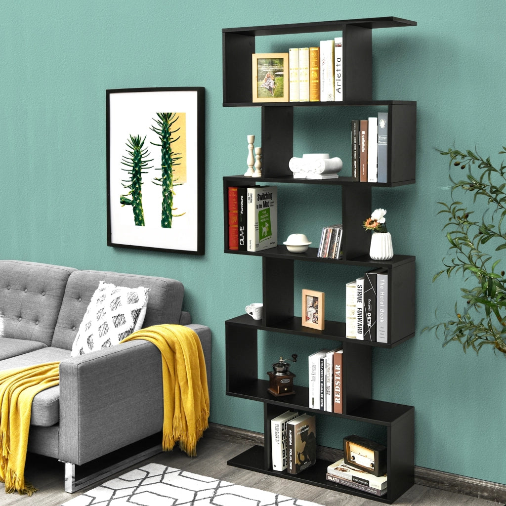 Libreria a 6 livelli a forma di S con dispositivo antiribaltamento-Scaffale di legno per casa e ufficio Nero