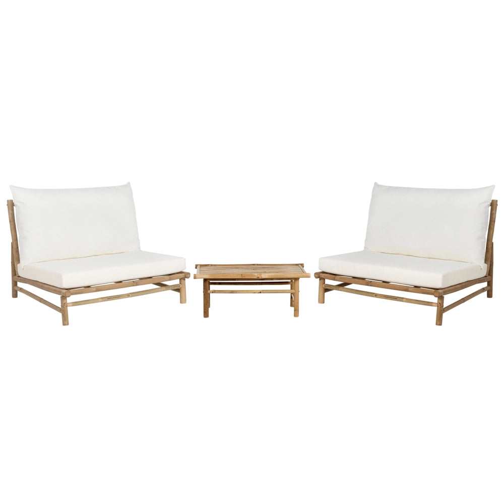 Set di 2 sedie e tavolino da caffè in legno di bambù con cuscini bianco sporco stile moderno rustico