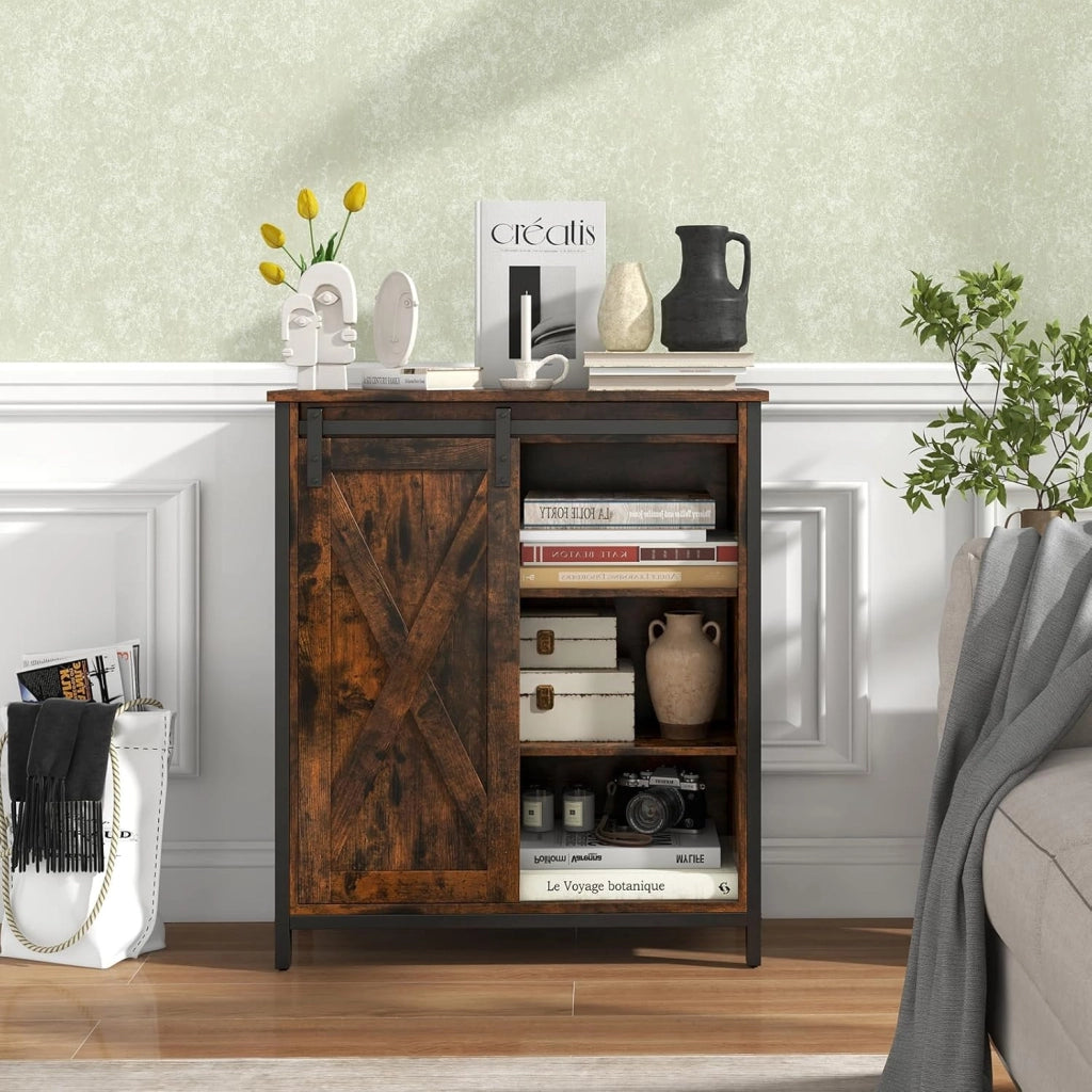 Credenza da Cucina, Mobile Buffet con Porta Scorrente in Stile Granaio, Armadio da Pranzo con 6 Scompartimenti e Ripiani Regolabili a 3 Livelli, Mobile Industriale, 70 x 30 x 81 cm