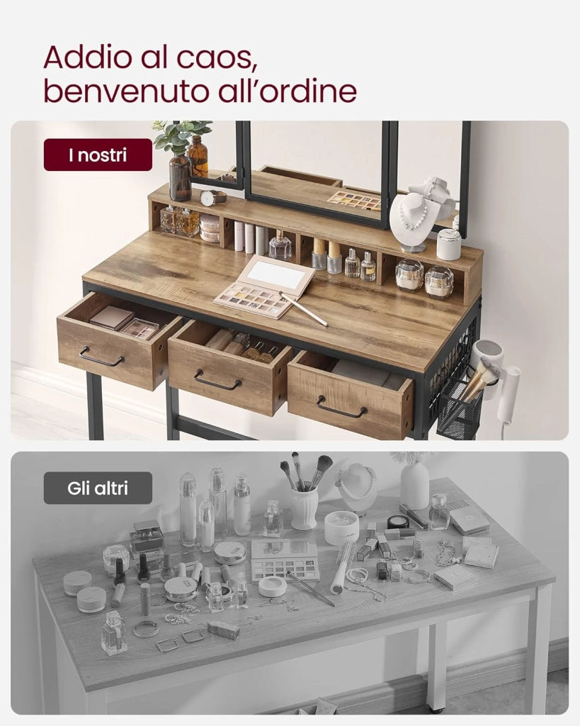 VASAGLE Toeletta con sgabello imbottito, tavolo da toeletta con triplo specchio, 3 cassetti, porta asciugacapelli cosmetico stile industriale, marrone rovere/nero RVT004B50