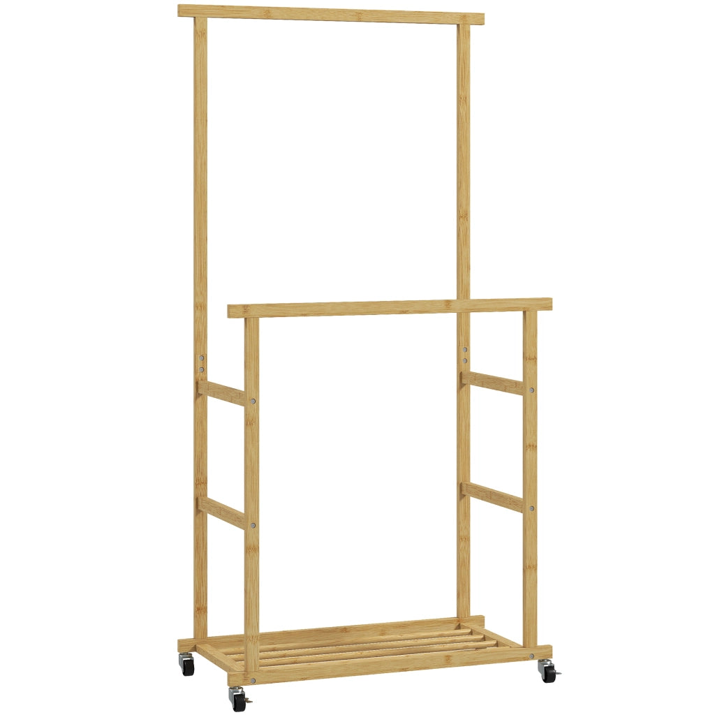Stender Appendiabiti con 2 Barre 80x40x160 cm Ripiano Inferiore e 4 Ruote in Bambù Colore Legno Naturale