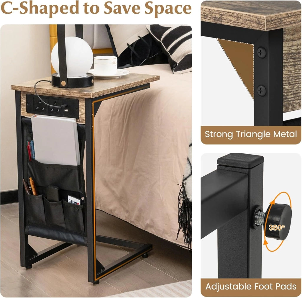 Set di 2 tavolini a forma di C con stazione di ricarica, estremità del divano con borsa laterale, 2 prese e 2 porte USB, comodino, per soggiorno, camera da letto, 40 x 30 x 60 cm