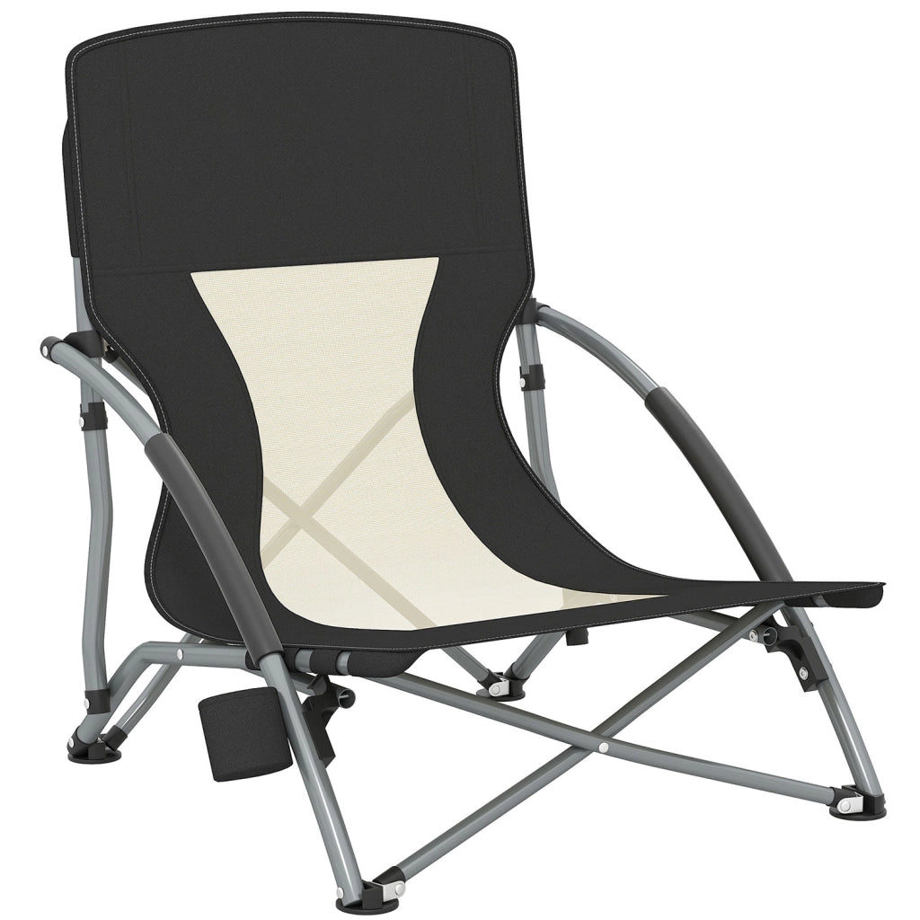 Sedia da Spiaggia Pieghevole 58x55x62 cm con Schienale a Rete e Portabicchieri in Metallo e Tessuto Oxford Nero