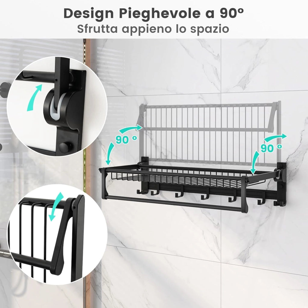 Portasciugamani Pieghevole per Bagno, Mensola Portasciugamani da Parete con Asta Regolabile e Ganci Mobili, Antiruggine e Impermeabile, Nessun Montaggio Richiesto, 59,5x26x14 cm
