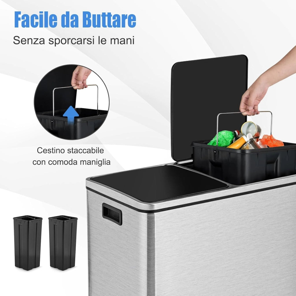 60 L Pattumiera per Differenziata 2 Scomparti, Secchi Spazzatura a Pedale in Acciaio, Cestino per la Spazzatura per il Bagno Cucina Ufficio Casa, 60 x 33 x 66 cm