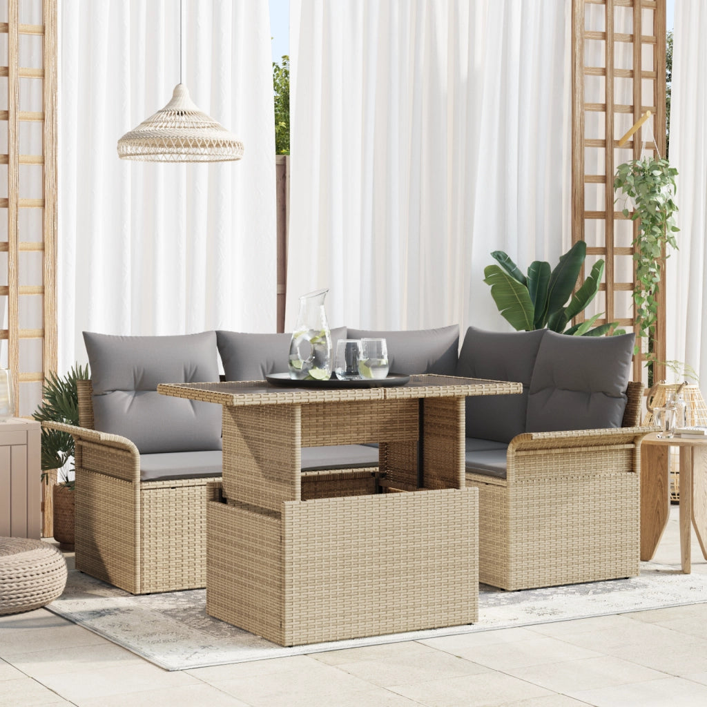 Set di Divani da Giardino 5 Pezzi con Cuscini Beige Rattan Poly