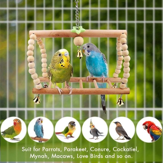 Giocattoli per Uccelli, 7 PCS Giocattolo Pappagallo, Giocattolo per Uccelli da Mordere in Legno, Pendolo da Sospensione, Sballo e Salita, Giocattolo per Gabbia di Uccelli per Parracci, Pappagalli, Falchi, Passeri, Arini