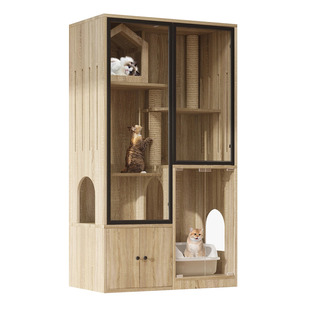 Recinto per gatti a 4 livelli in MDF e vetro temperato, 90 x 50 x 160 cm, colore naturale