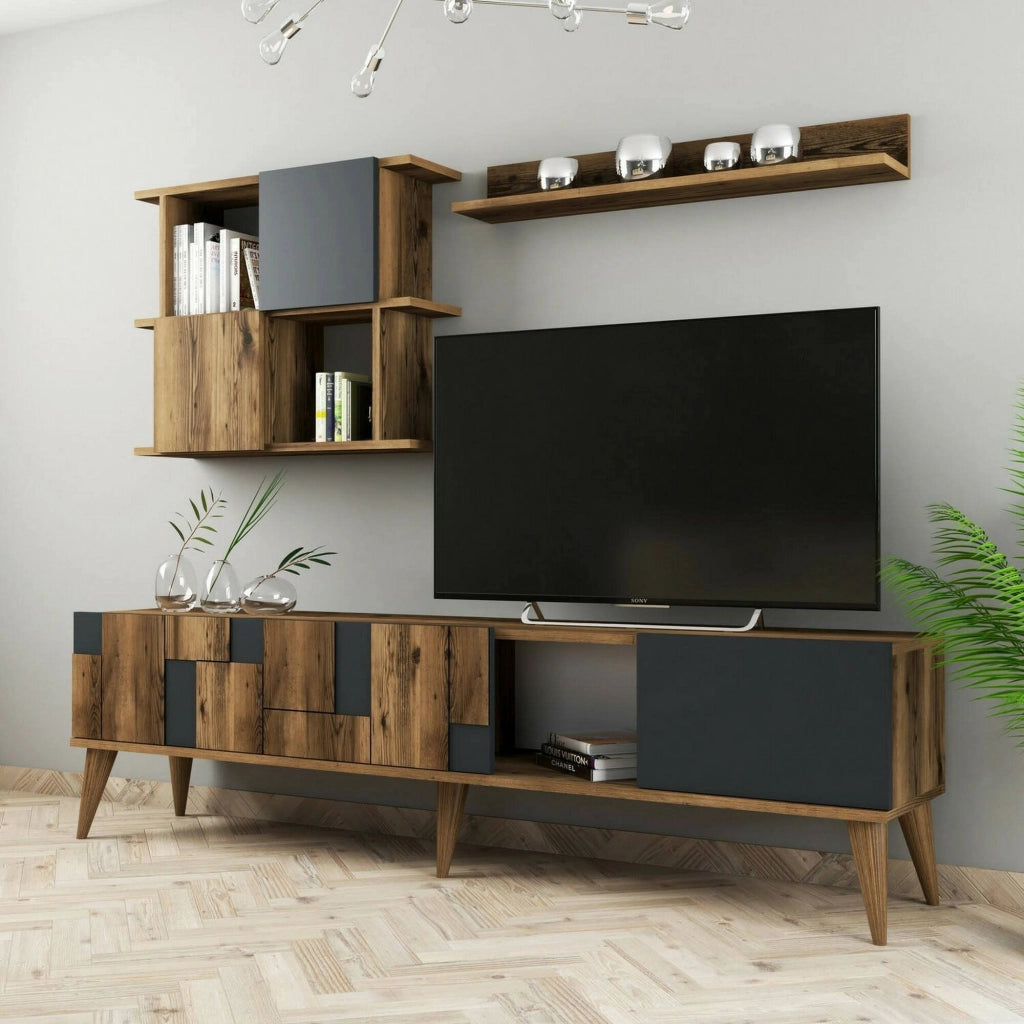 Mobile porta TV Dora, Credenza da soggiorno, Armadio basso per TV, Base parete attrezzata, 180x34h49 cm, Noce e Antracite