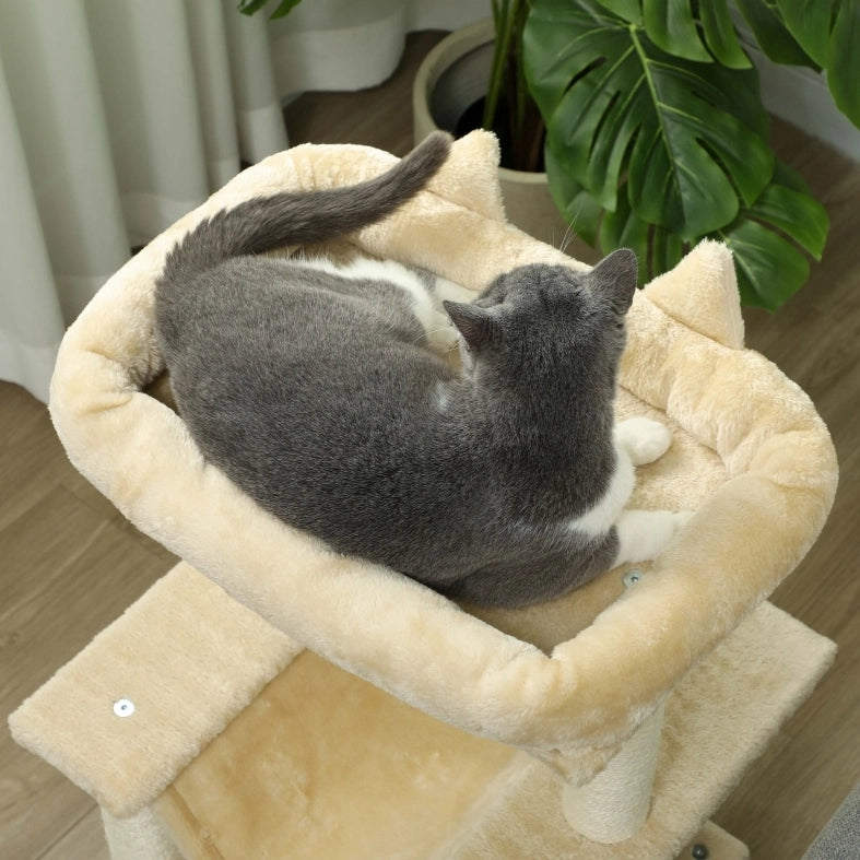 Tiragraffi per gatti multi-livello con amaca, cuccia e gioco a pallina, 48 x 48 x 90 cm, bianco crema