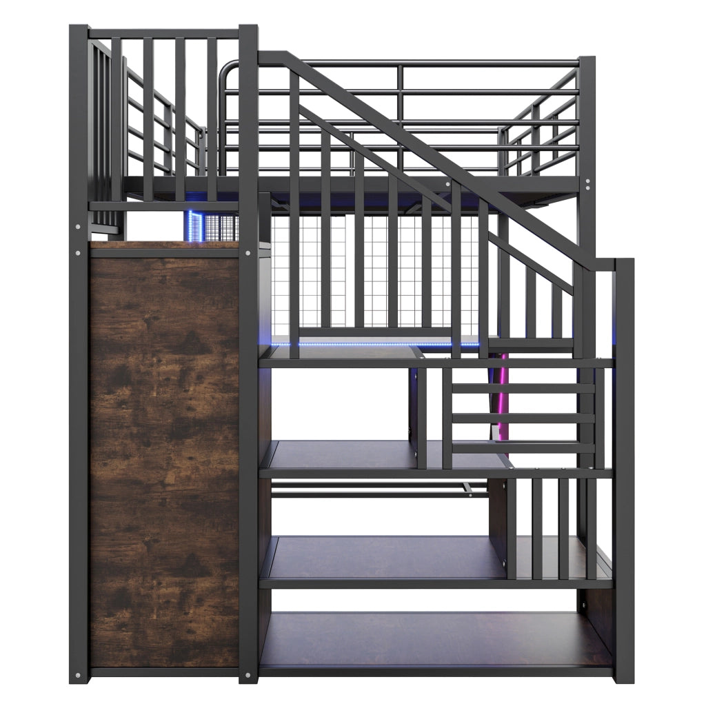 Letto a soppalco matrimoniale 140×200 cm con scrivania; scala contenitore; armadio e ripiani; senza materasso; nero