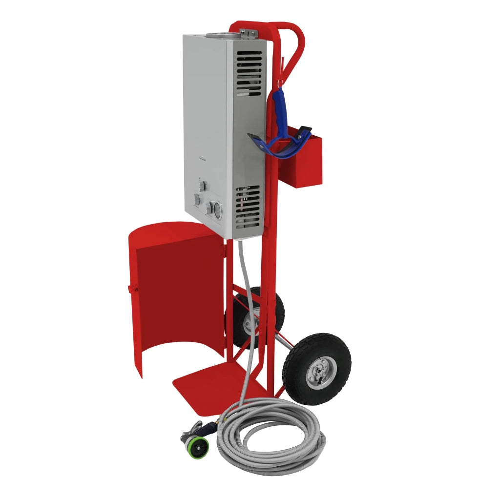 Doccia portatile per cavalli con carrello rosso, serbatoio 18L, tubo 10m.
