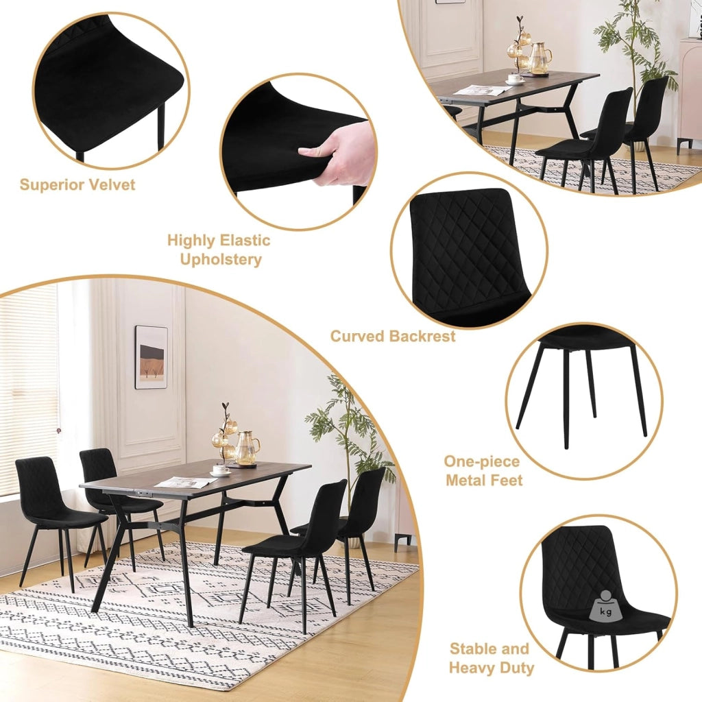 Sedie da Cucina Set da 4, Sedie Imbottite con Gambe in Metallo, Seduta in Velluto, per Camera da Letto, Sala da Pranzo, Nero
