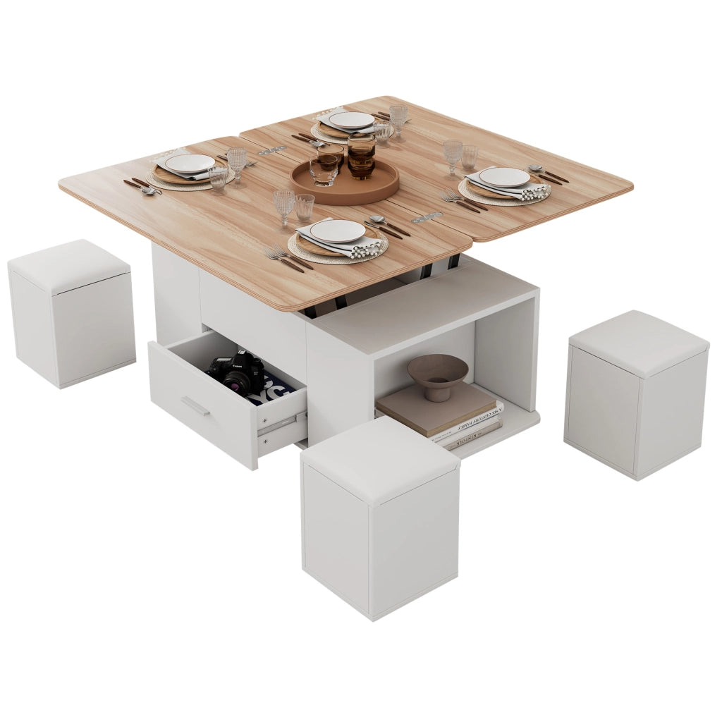 Tavolino trasformabile 100x50x45 cm con alzata idraulica; 4 sgabelli contenitore; legno; bianco naturale