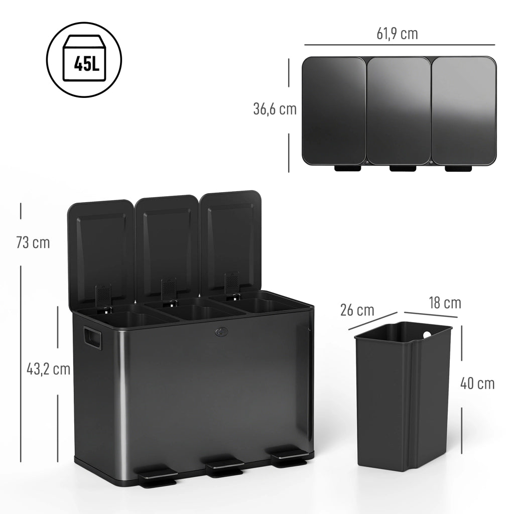 Bidone per la Raccolta Differenziata da Cucina 45L ¨C zephmum ¨C 3 Scompartimenti 15L, Nero