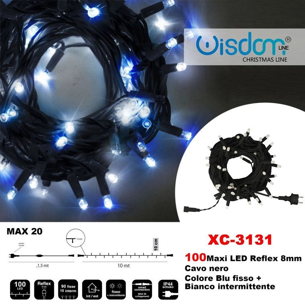 Trade Shop - Catena Luminosa 100 Luci Led Lucciole Blu Fisso + Bianco Intermittente Xc-3131 -