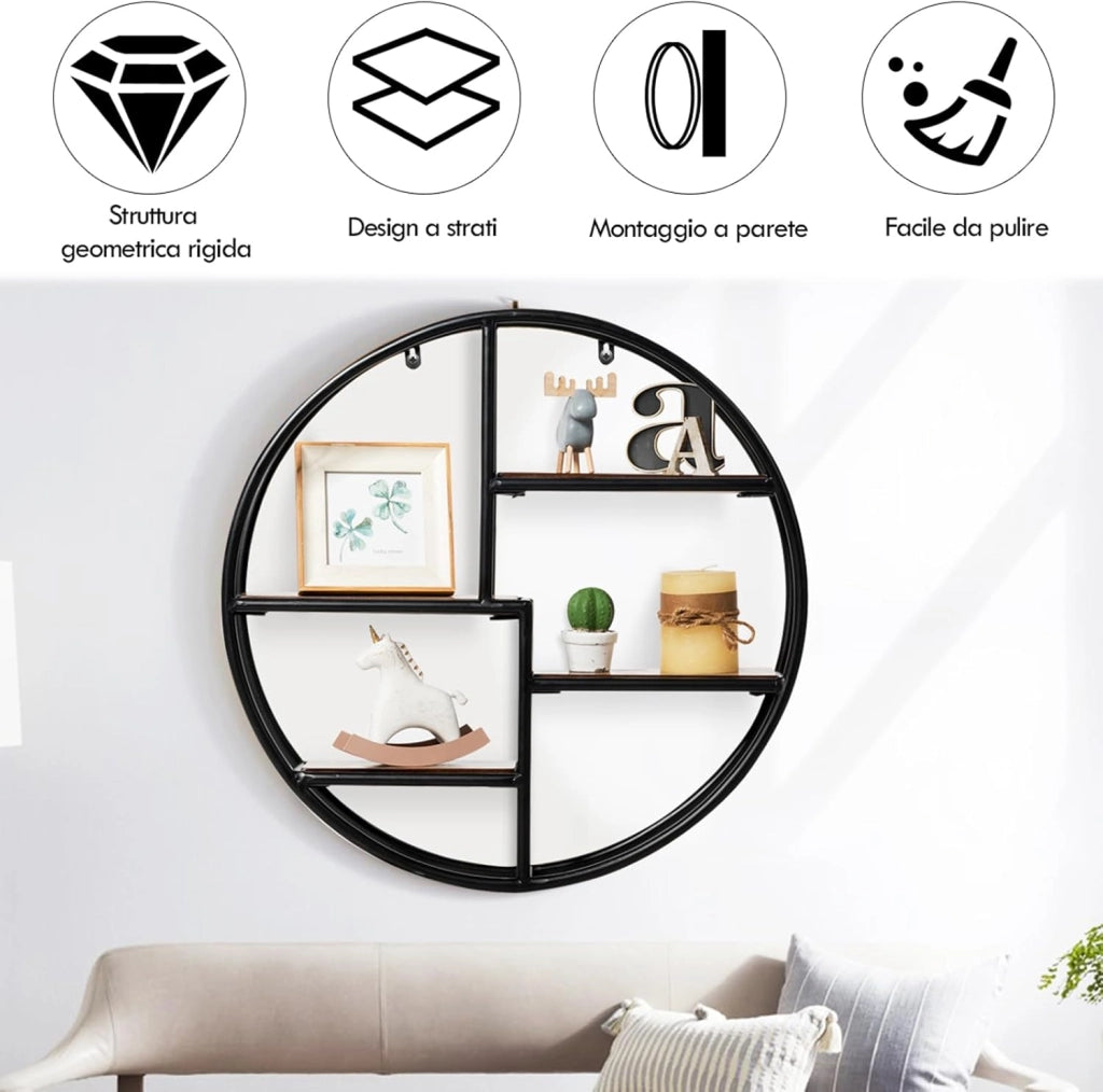 Mensola da Muro Design, Scaffale Rotondo da Parete, Libreria con 4 Ripiani Salvaspazio, per Cucina Camera da Letto Soggiorno, 55 x 55 x 11 cm