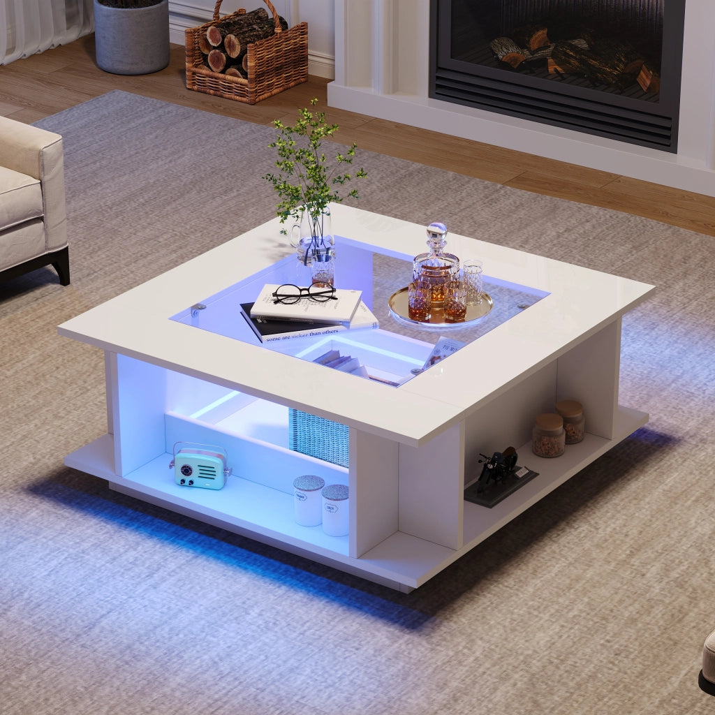 Tavolino da caffè quadrato con vani e LED - per soggiorno - in truciolare e vetro - 70×70×30 cm - bianco