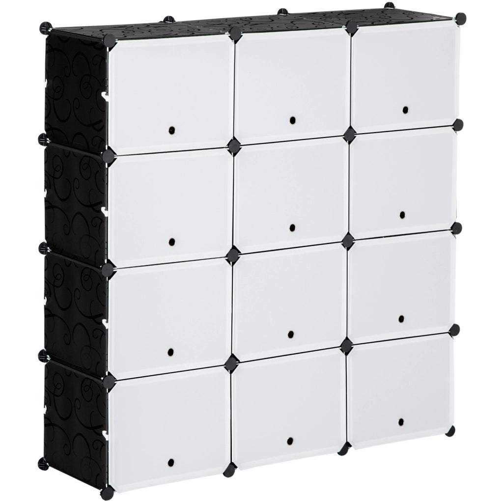 Scaffale modulare con 12 cubi contenitori in plastica e acciaio nero e bianco 125x32x125 cm