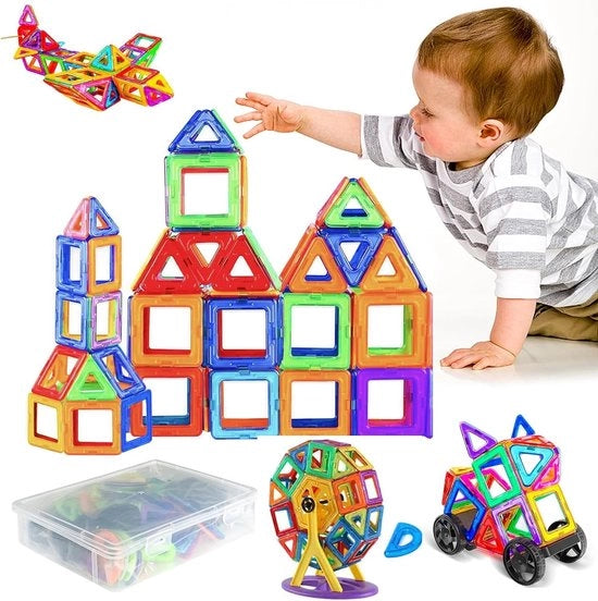 60 pezzi di blocchi costruttivi magnetici colorati 4 forme gioco DIY per bambini con 2 set di ruote e scatola - Educazione STEM