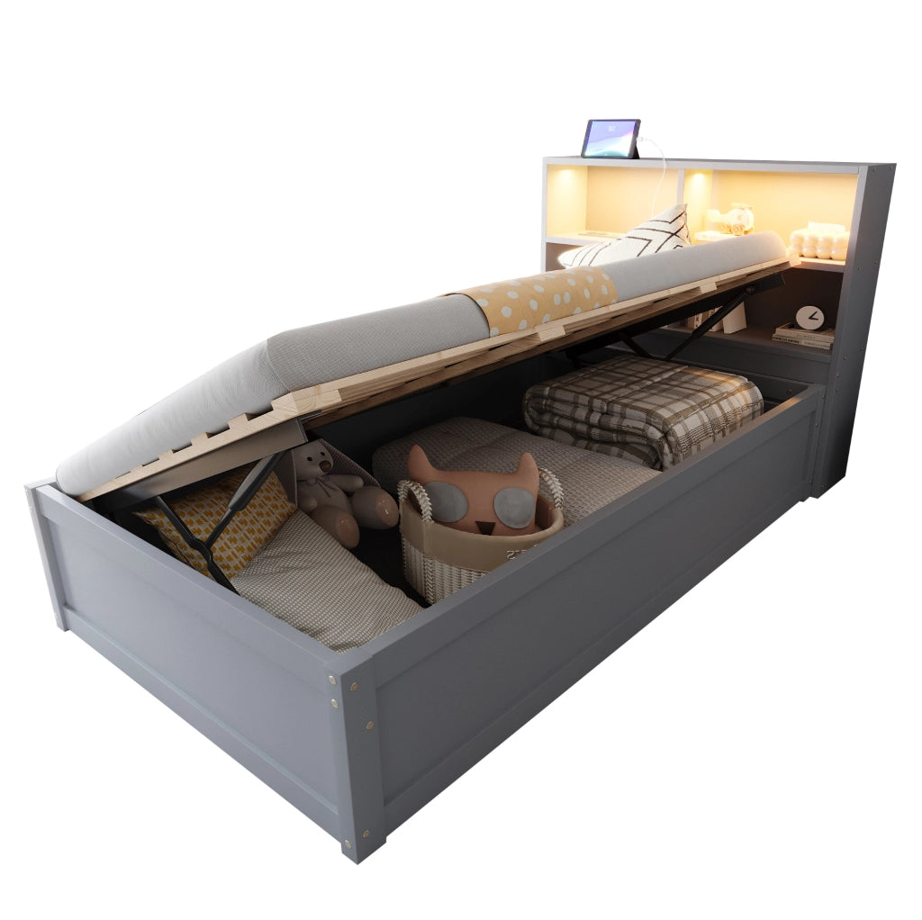 Letto singolo multifunzione 90x200 cm con LED e prese, grigio