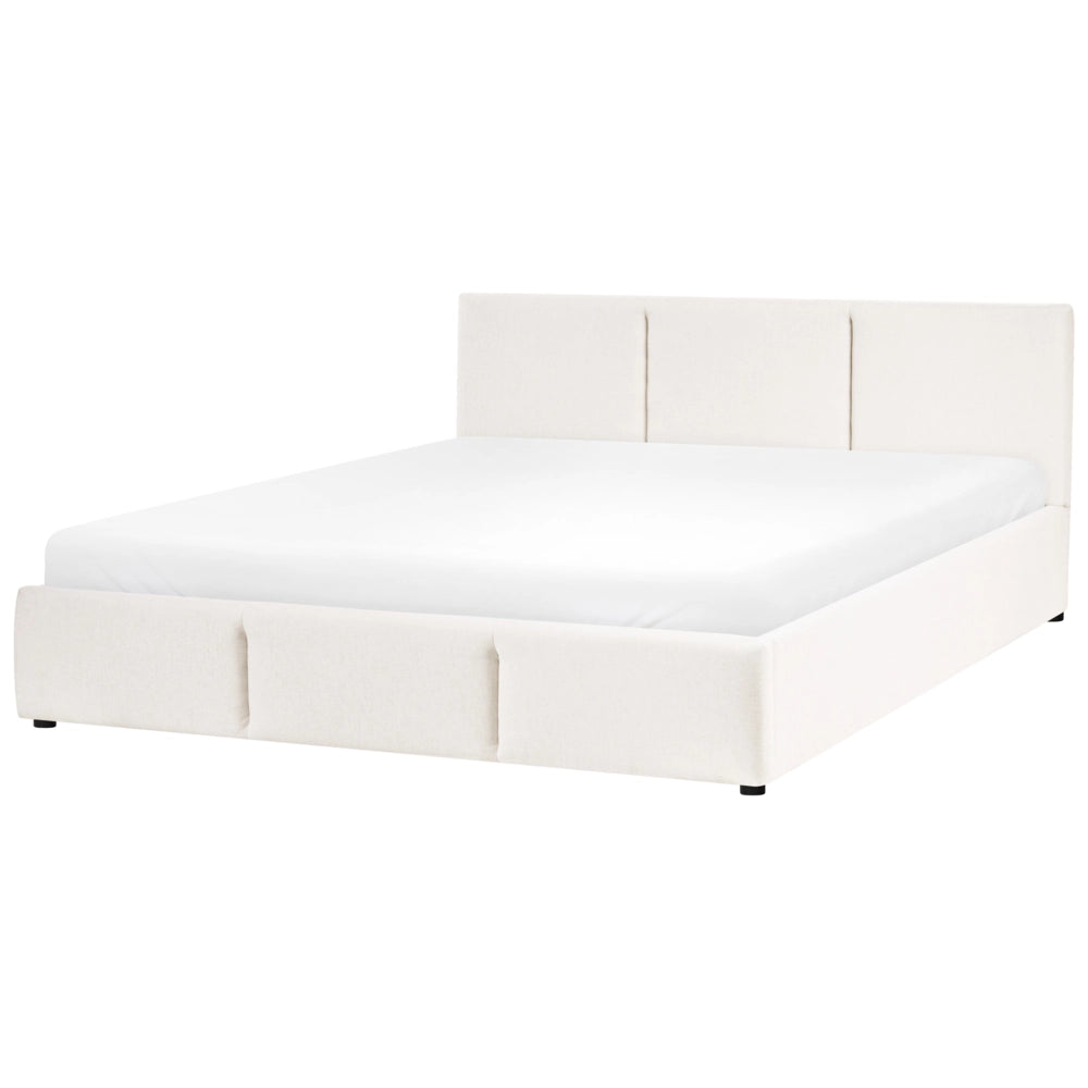 Letto rivestito in tessuto bianco sporco, 160 x 200 cm, testiera trapuntata con vano portaoggetti