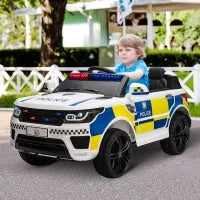 Macchina Elettrica per Bambini della Polizia, 12V Auto Elettrica per Bambini con Telecomando, Sirena Luci Attacco USB per Musica, 110x68x52cm, Bianco