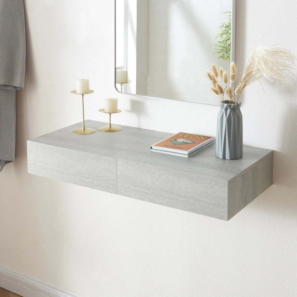 Mensola Karstula con 2 Cassetti Affiancati Comodino Sospeso 80 x 35 x 12 cm Effetto Cemento [en.casa]