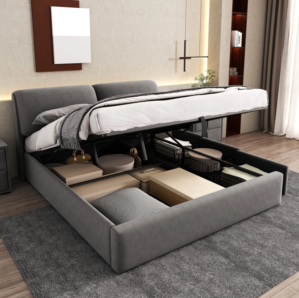 Letto contenitore imbottito 160x200 cm in velluto grigio con 3 cassetti e testiera regolabile