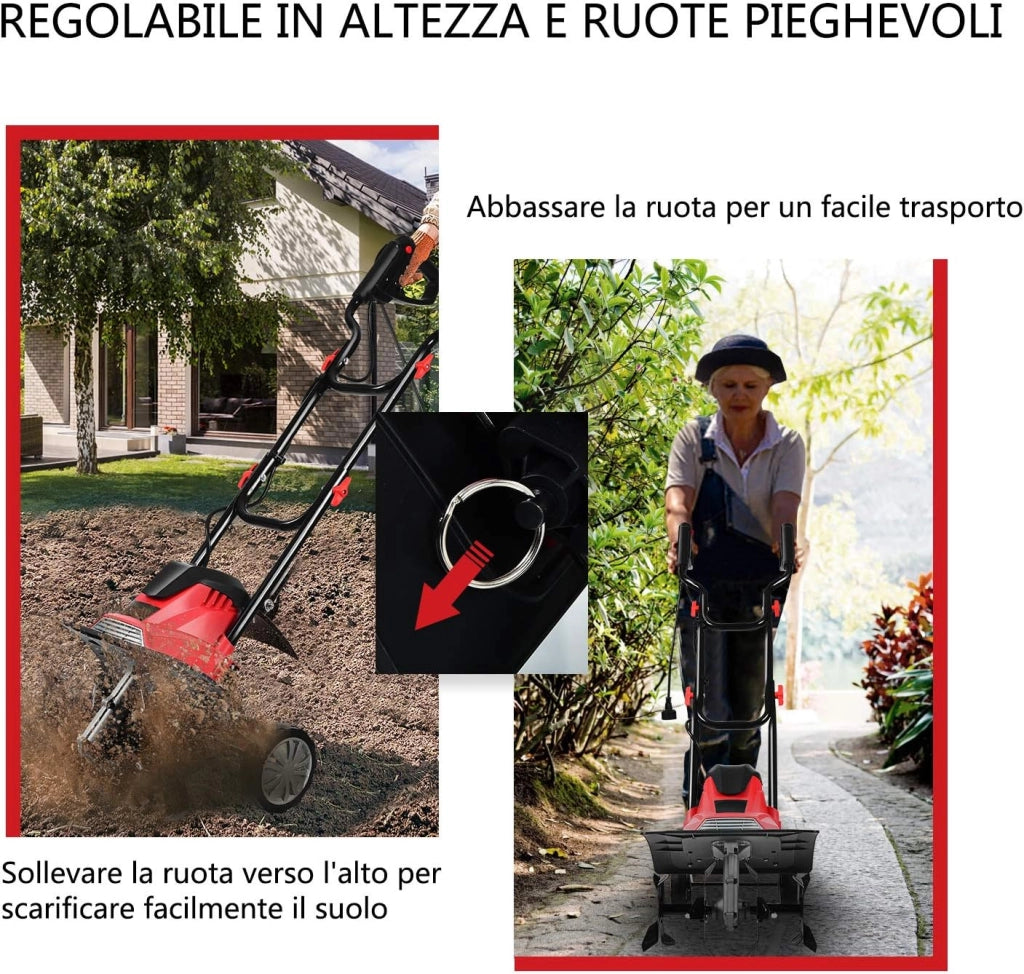Motozappa Elettrica 1200W/1500W, Zappatrice Elettrica con Maniglia Pieghevole, Ruote Regolabili, 4/6 Lame, Velocità 365/400 PRM, Profondità 22 cm, Larghezza 35/43 cm (Rosso, 1200 W)