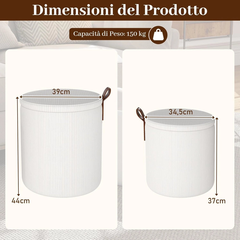 Set di 2 Pouf Contenitore in Velluto, Pouf Rotondi Imbottiti da 40L + 25L, Sgabelli con Contenitore per Soggiorno, Camera da Letto, Portata 150 kg (Bianco)
