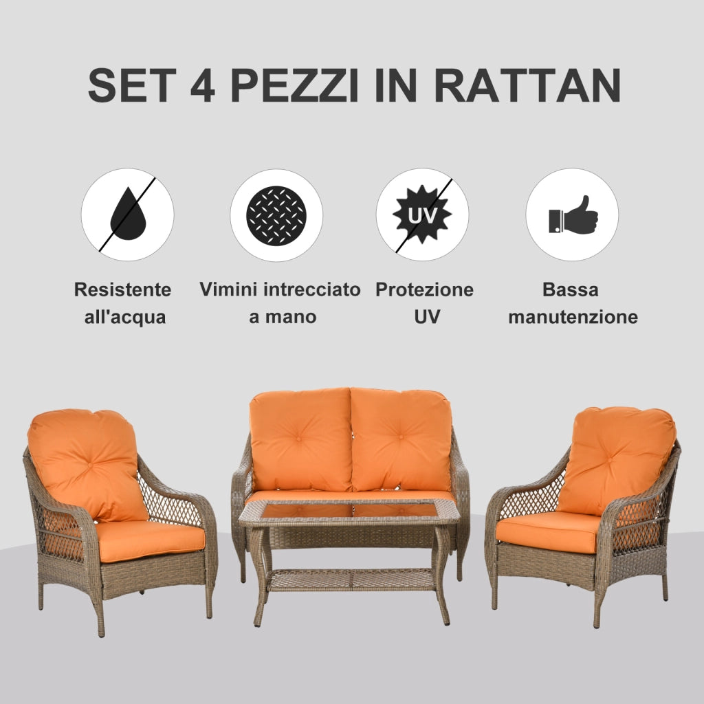 Easycomfort Set Mobili da Giardino in Rattan PE con 2 Poltrone Divano a 2 Posti e Tavolo e Cuscini, Colore Khaki e Arancione