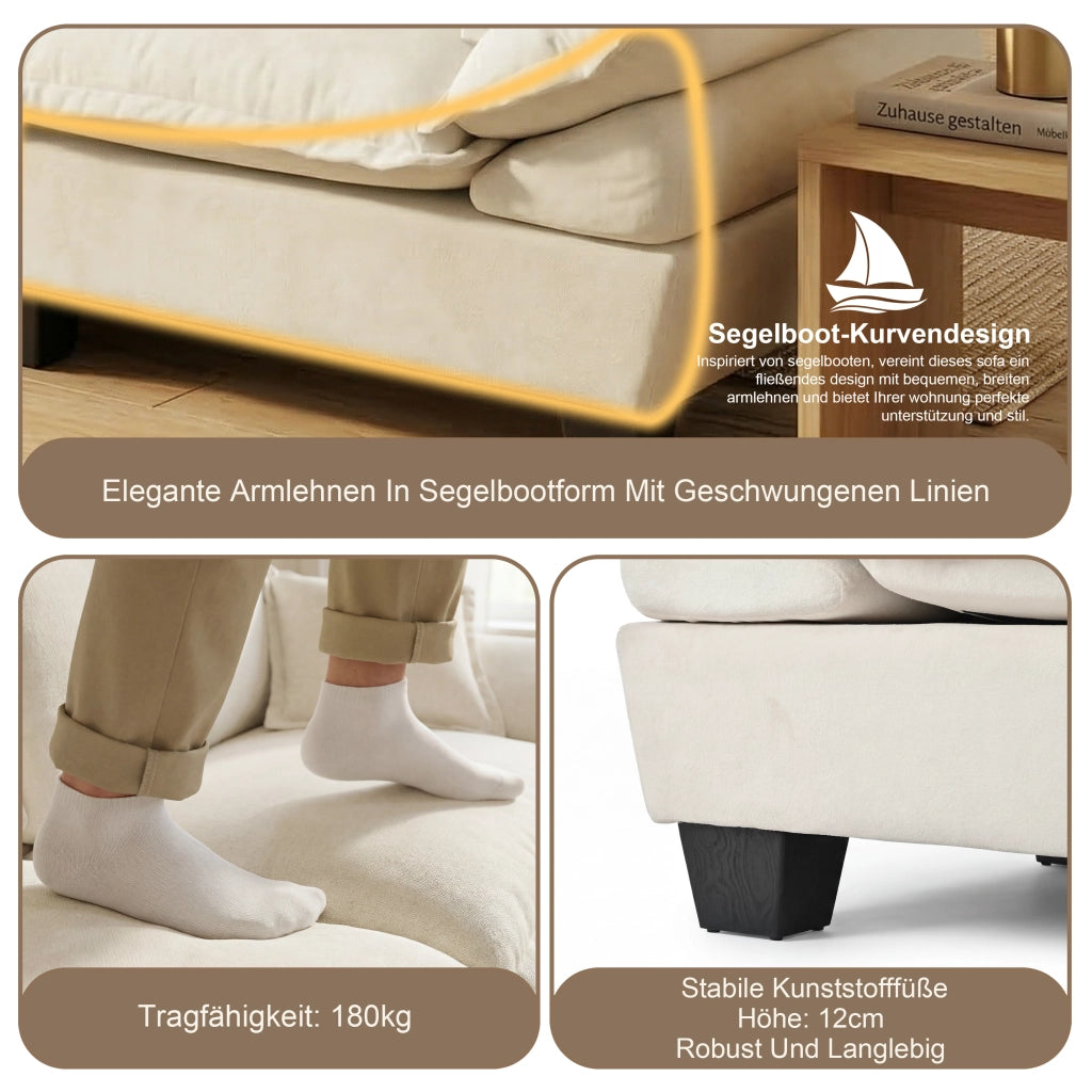 Scaffale modulare con seduta a U e 2 pouf mobili in chenille beige 263 × 151 × 90 cm