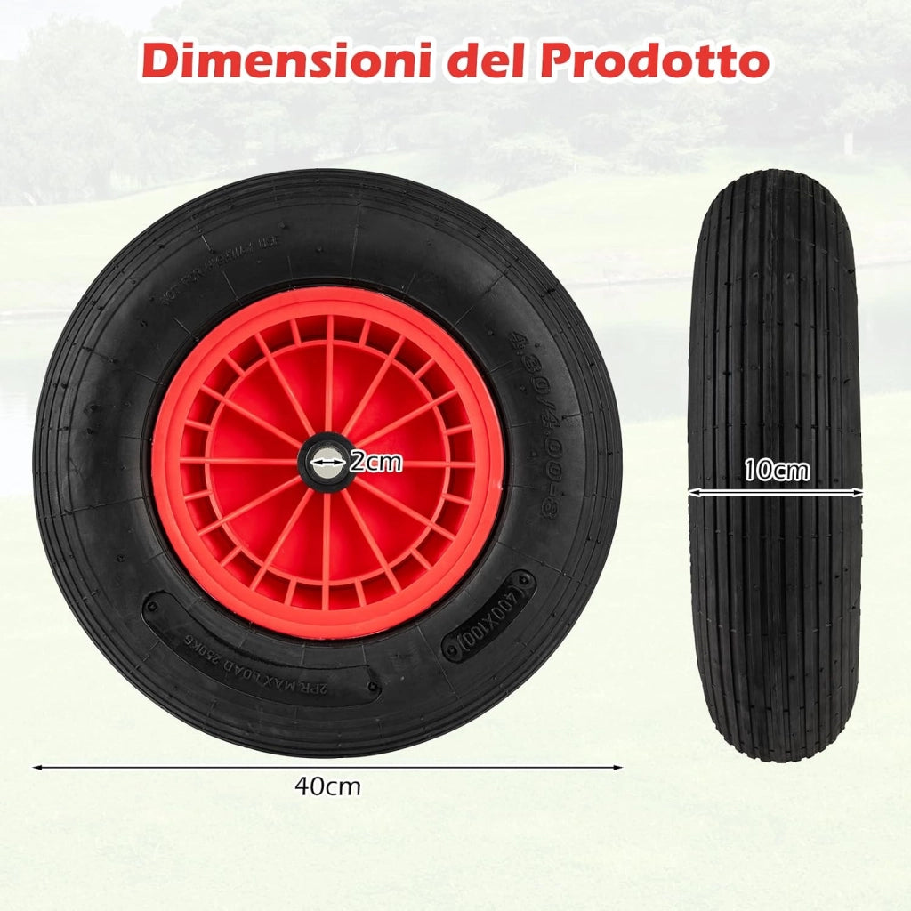 4,80/4,00-8 Ruota Pneumatica per Carriola, 40 cm Ruota in Gomma Antiforatura con Cerchione in PP, Cuscinetto da 2 cm, 250 kg, per Carrello, Rimorchio da Giardino (2 Pezzi)